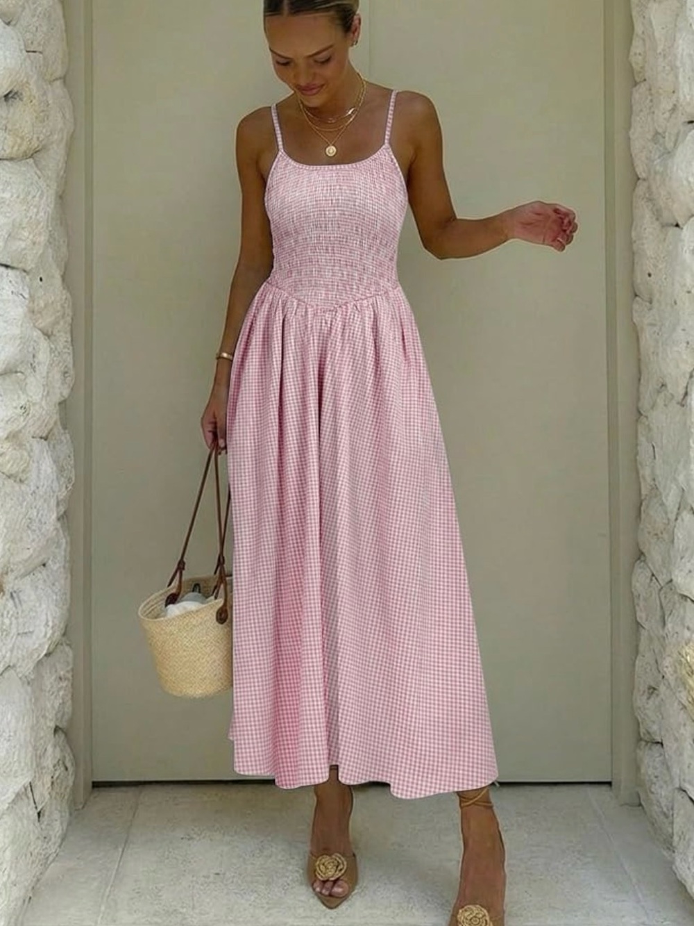 Amazon Pink Gingham Smocked Midi Dress